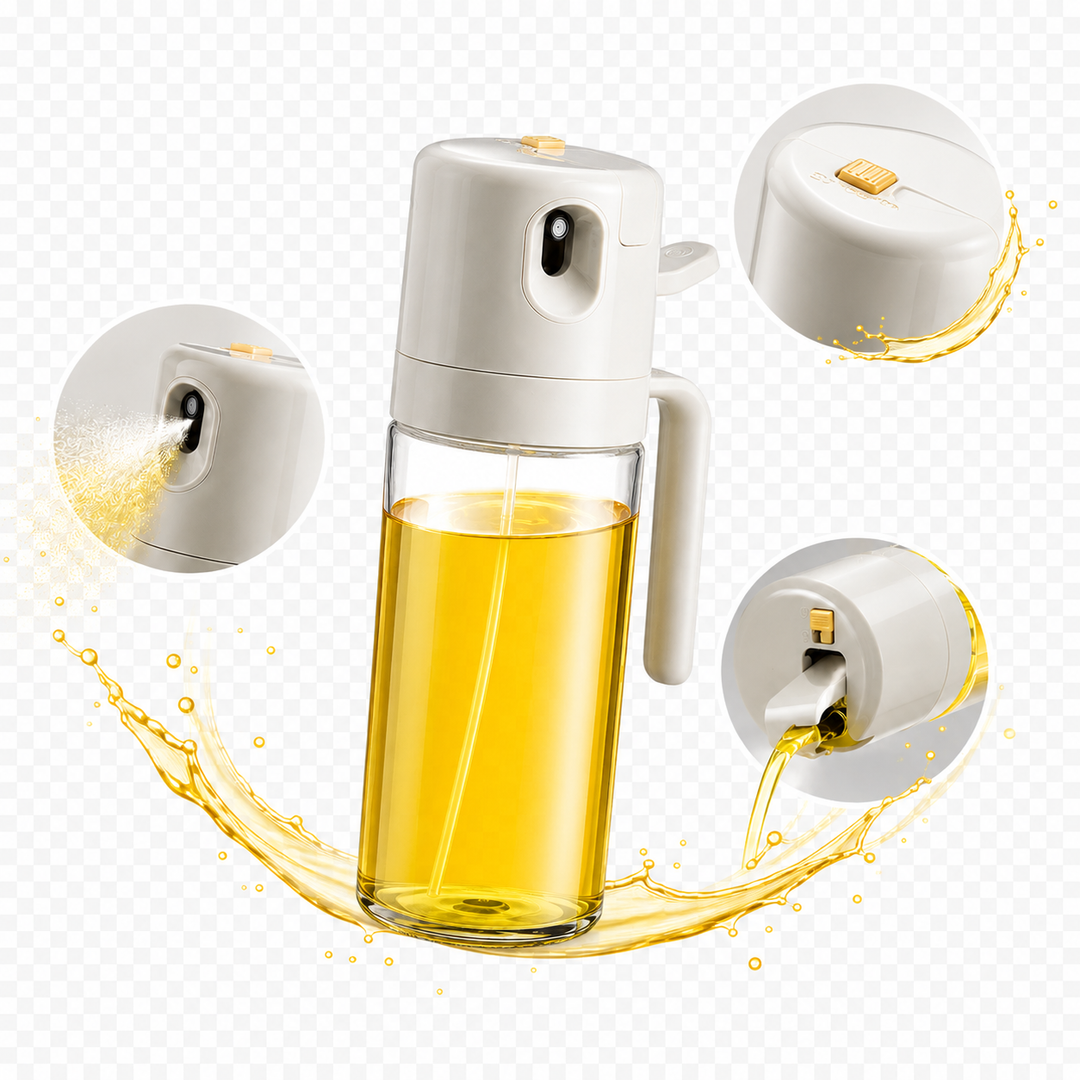 Warm gray olive oil spray bottle made from thick sturdy glass with controlled flow for salads, pans, grills and baked veggies