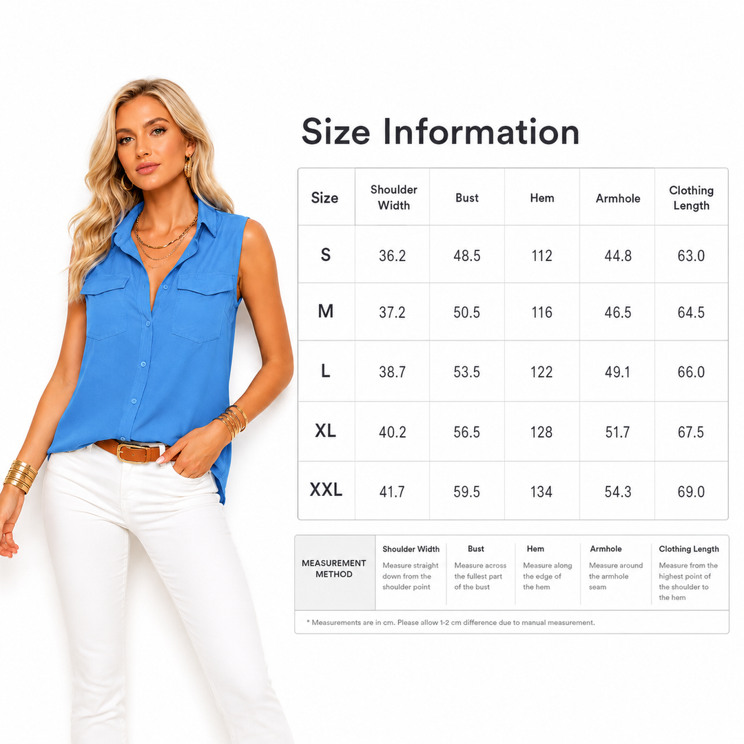 Woman wearing a blue sleeveless top and white pants with size information chart on a white background