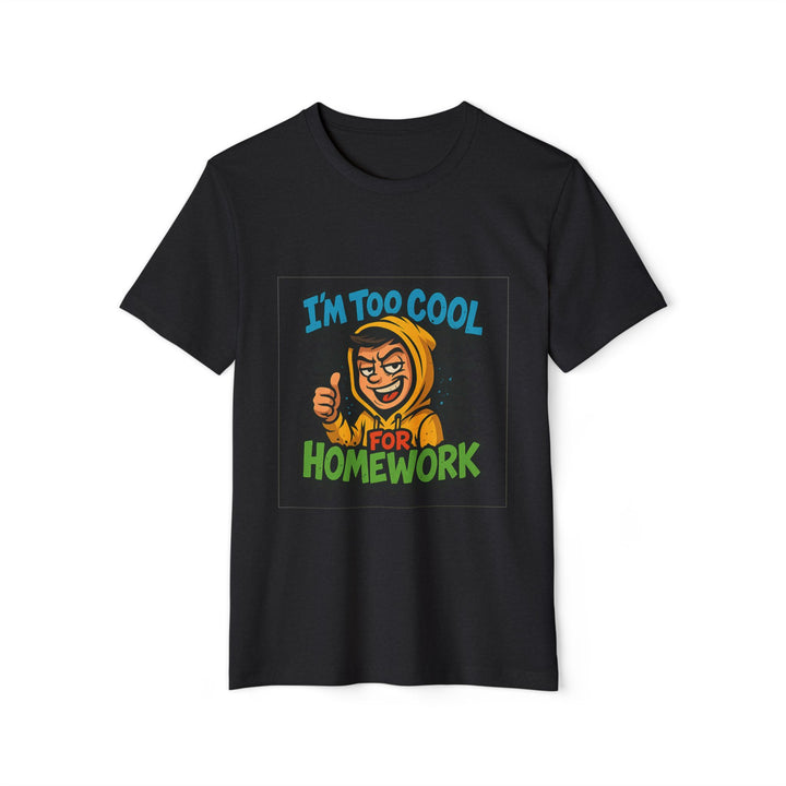 Black t-shirt with a graphic design featuring a character in a hoodie and text on a white background
