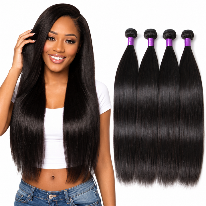 Brazilian straight hair bundle in 1B natural color with smooth soft human hair texture for sleek weaves and styling looks now