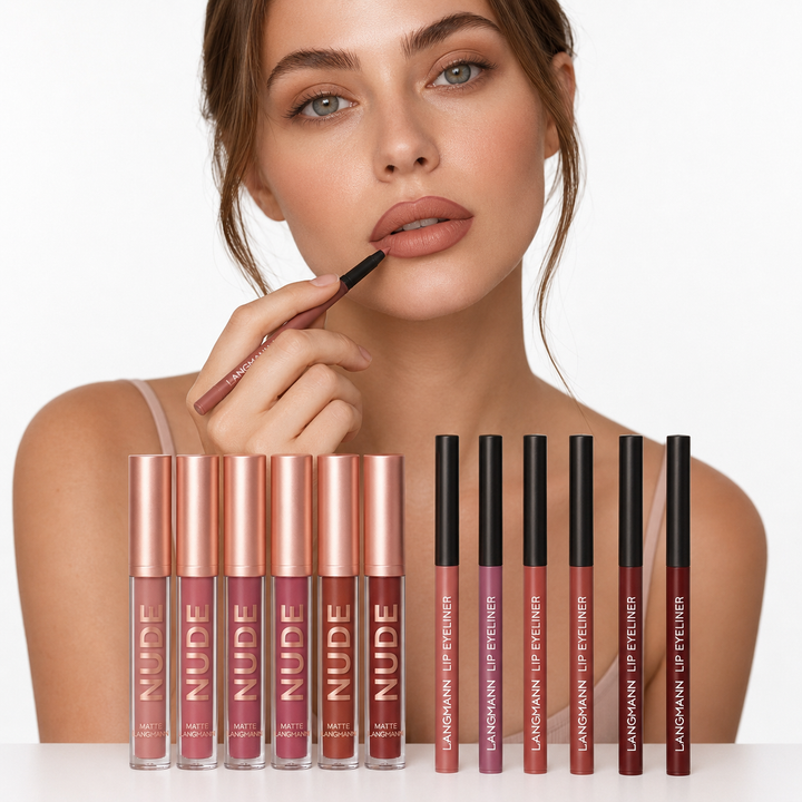 Gift-ready 12-piece lip makeup set with six matte liquid lipsticks and six liner pens for beginners and makeup artists alike.
