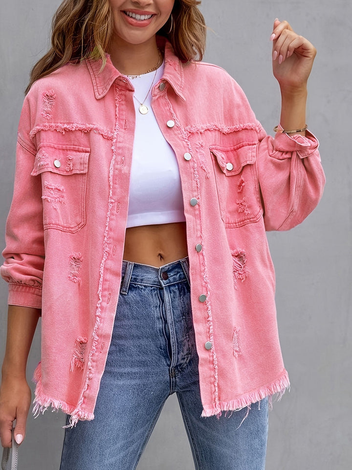 Fashion Ripped Shirt Jacket Women Loose Casual Autumn Coat
