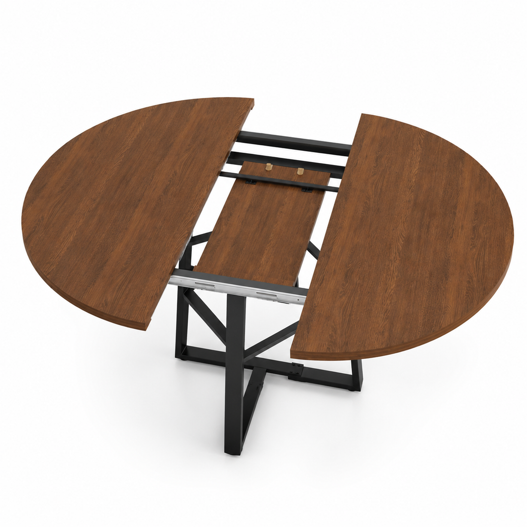 Extendable round table with hidden storage shelf, metal frame, and refined matte walnut finish for modern home dining use now