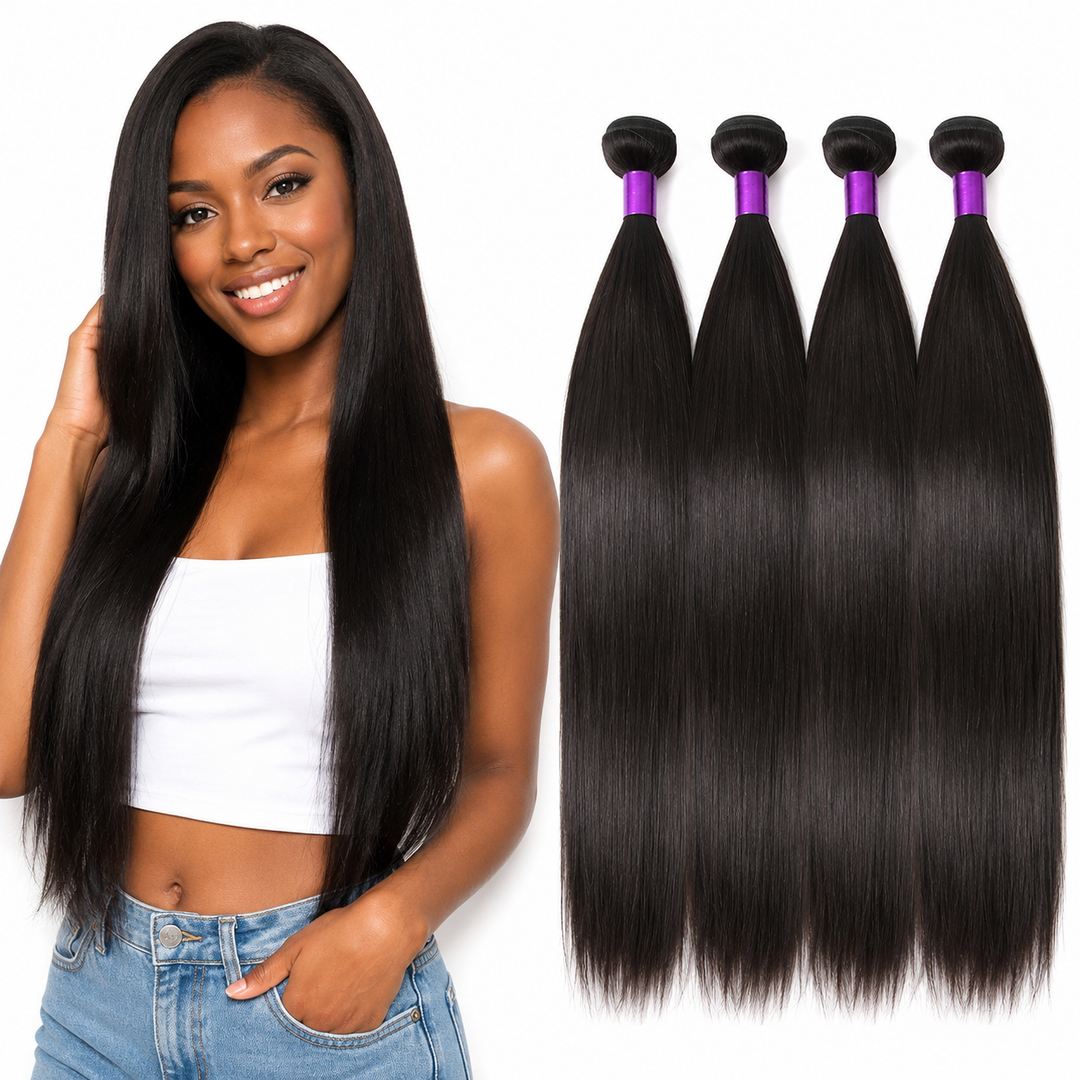 Natural 1B Brazilian straight human hair weft shown with smooth finish, soft feel and long length options from 8 to 30 inches