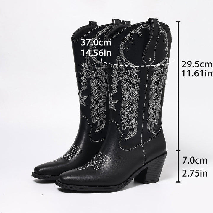 Original image: Black boot measurement diagram with shaft and heel dimensions photographed with the footwear details visible.