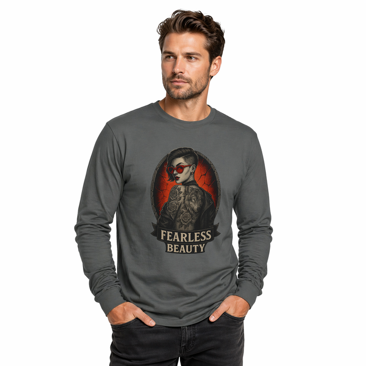 Lifestyle shot of artistic graphic long sleeve shirt styled with denim for everyday wear