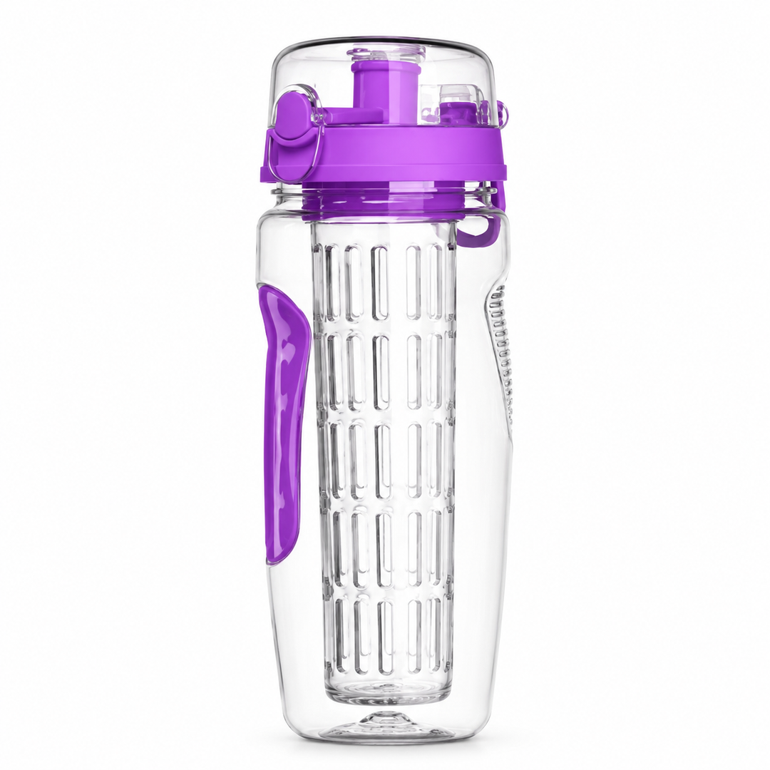 Clear water bottle with purple handle and lid on a white background