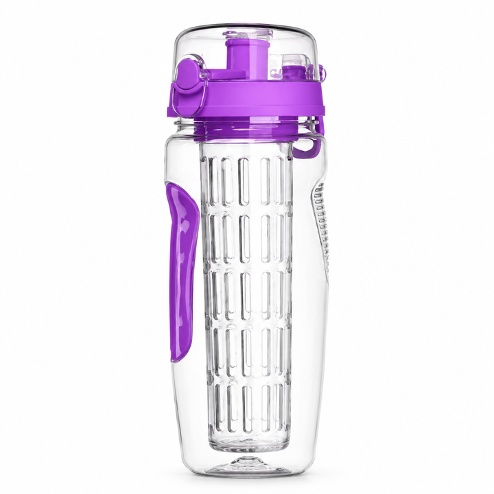 Clear water bottle with purple handle and lid on a white background