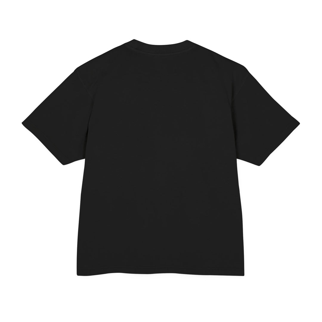 Black t-shirt with a logo and text on the back against a white background