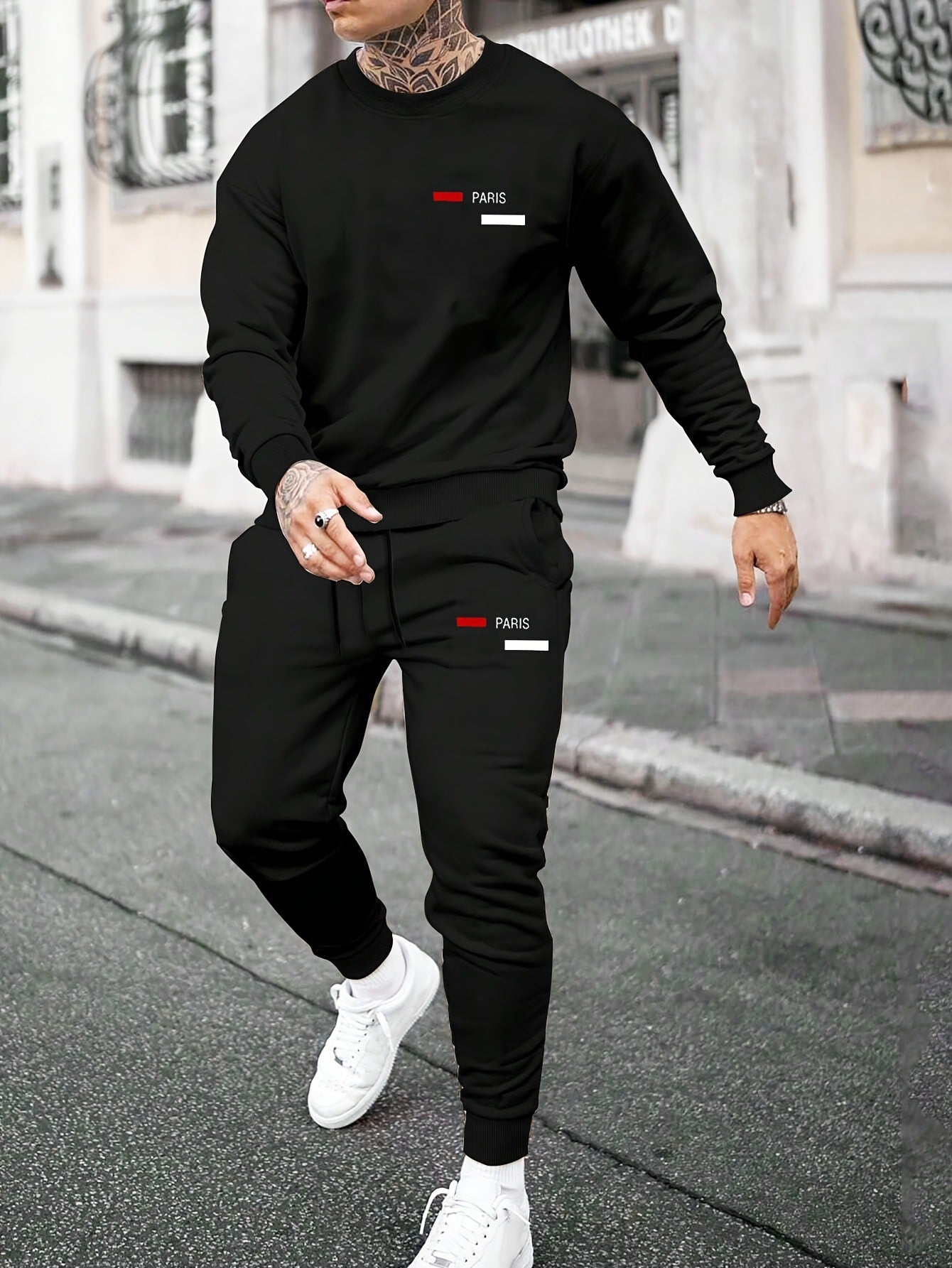 Black printed fleece tracksuit for men full set soft brushed interior comfortable casual wear