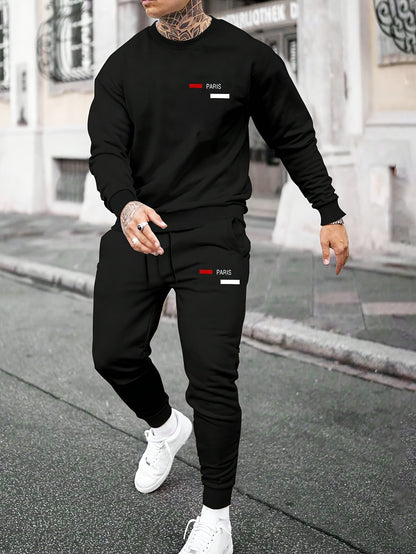 Black printed fleece tracksuit for men full set soft brushed interior comfortable casual wear