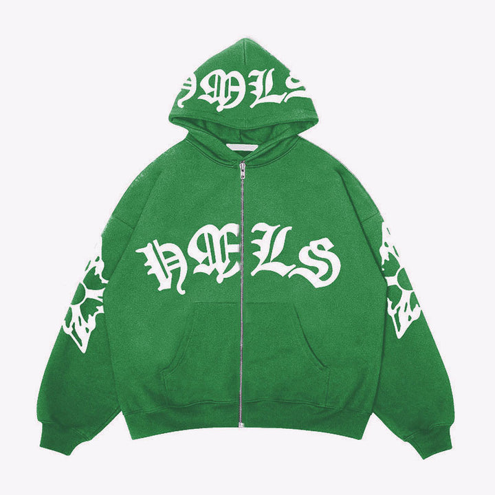 Green Gothic print zip hoodie, complete front view