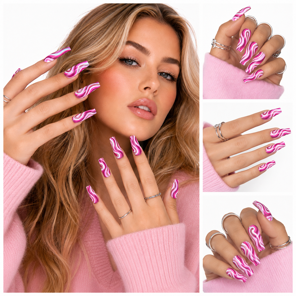 Press On Nails With Glue Pink Swirl 24 Piece Beauty Set