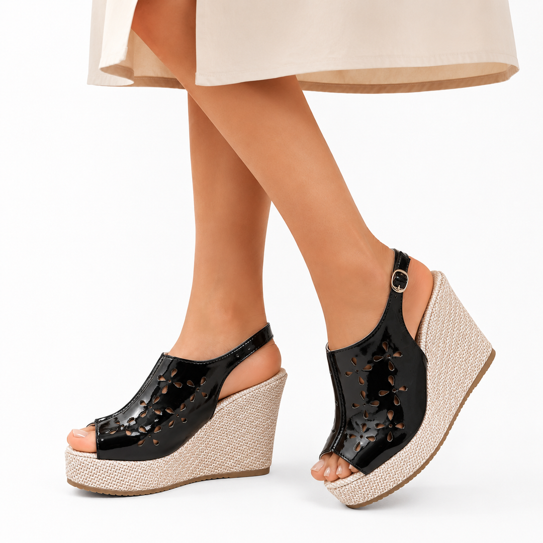 Open toe wedge heels for women made with PU leather and rubber, styled for summer outfits, events and evening wear with ease.