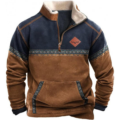 men's quarter zip sherpa pullover close-up of leather patch chest logo on navy panel for premium look
