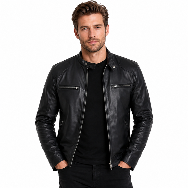 Black stand collar leather jacket for men with slim tailoring, practical pockets and polyester lining for cool-weather looks.