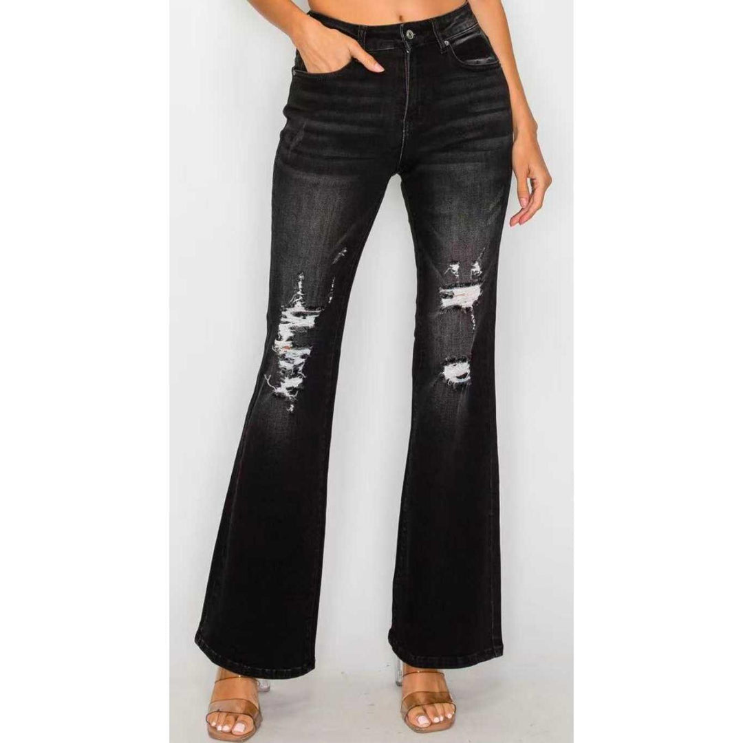 women’s black flare jeans street fashion editorial look