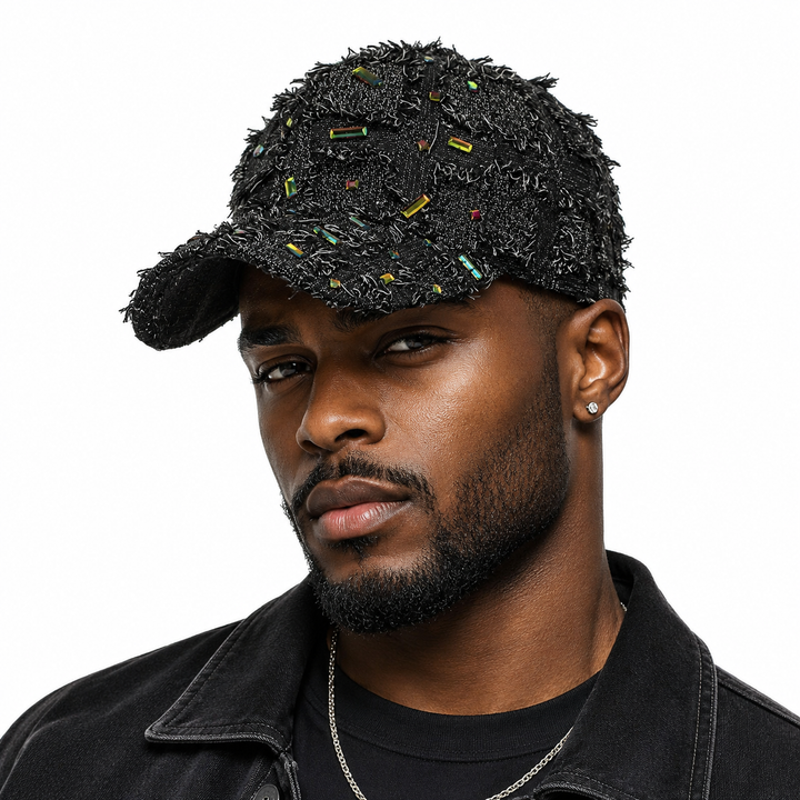 Trendy patchwork denim baseball cap with frayed finish styled on fashion model for modern everyday casual wear