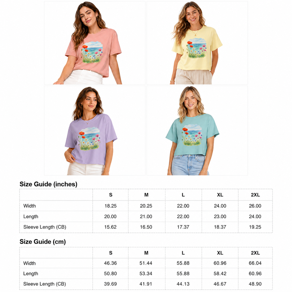 Four women wearing t-shirts with a colorful graphic design, accompanied by a size guide.