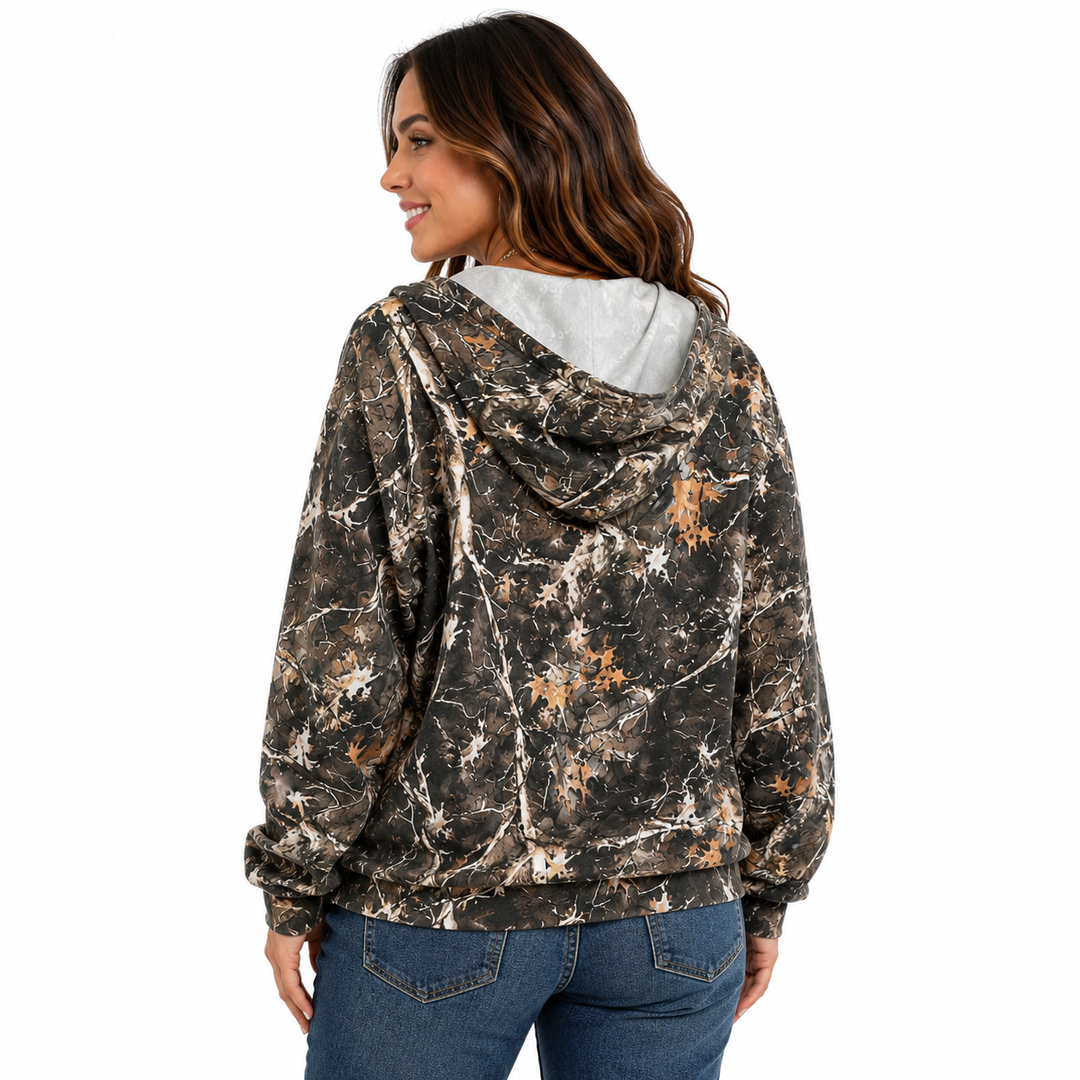 Retro zip-up hoodie for women with soft polyester comfort, slight stretch, and casual off-duty styling appeal.