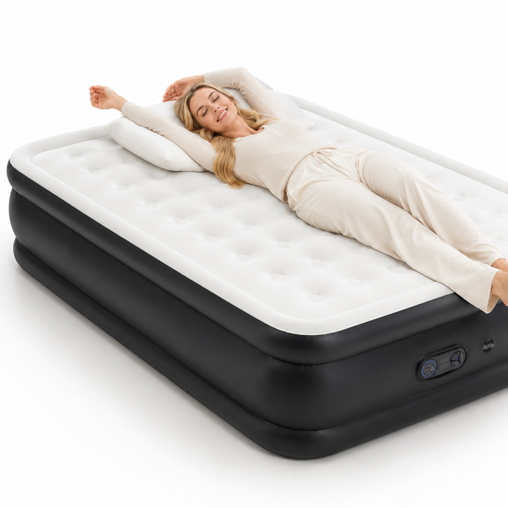 Twin air bed with elevated profile and compact storage bag nearby