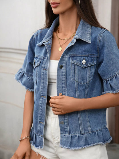 raw hem denim jacket collar and shoulder detail structured shape no stretch fabric for tailored casual layering
