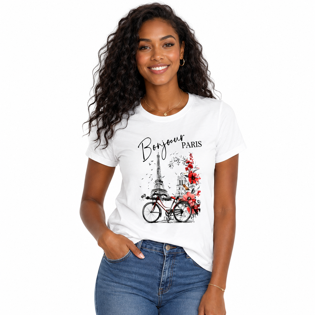 French city t shirt for women layered under a blazer for casual office outfits, coffee dates, and relaxed plans in denim tee.