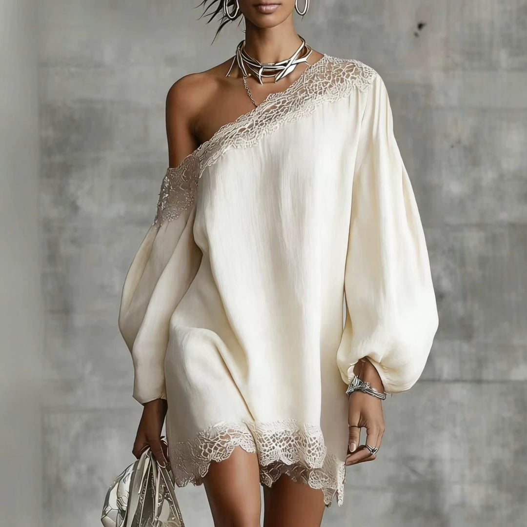 Ivory white lace trim top for women with one shoulder detail, long sleeves and relaxed styling for clean wardrobe looks today
