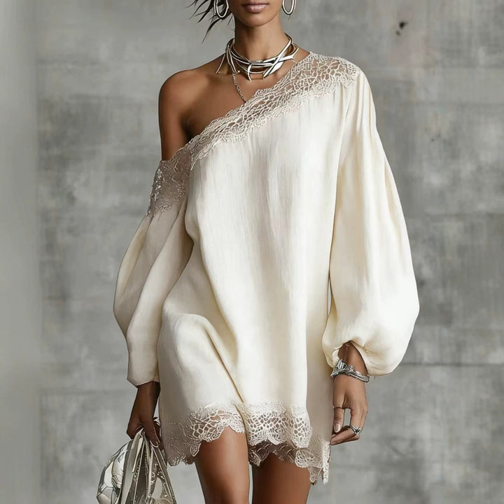 Ivory white lace trim top for women with one shoulder detail, long sleeves and relaxed styling for clean wardrobe looks today