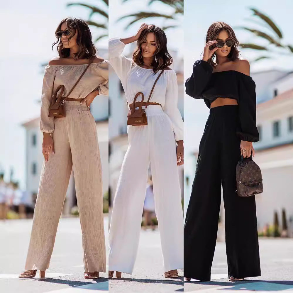 Off Shoulder Women Set with Straight Leg Pants OutfitX!