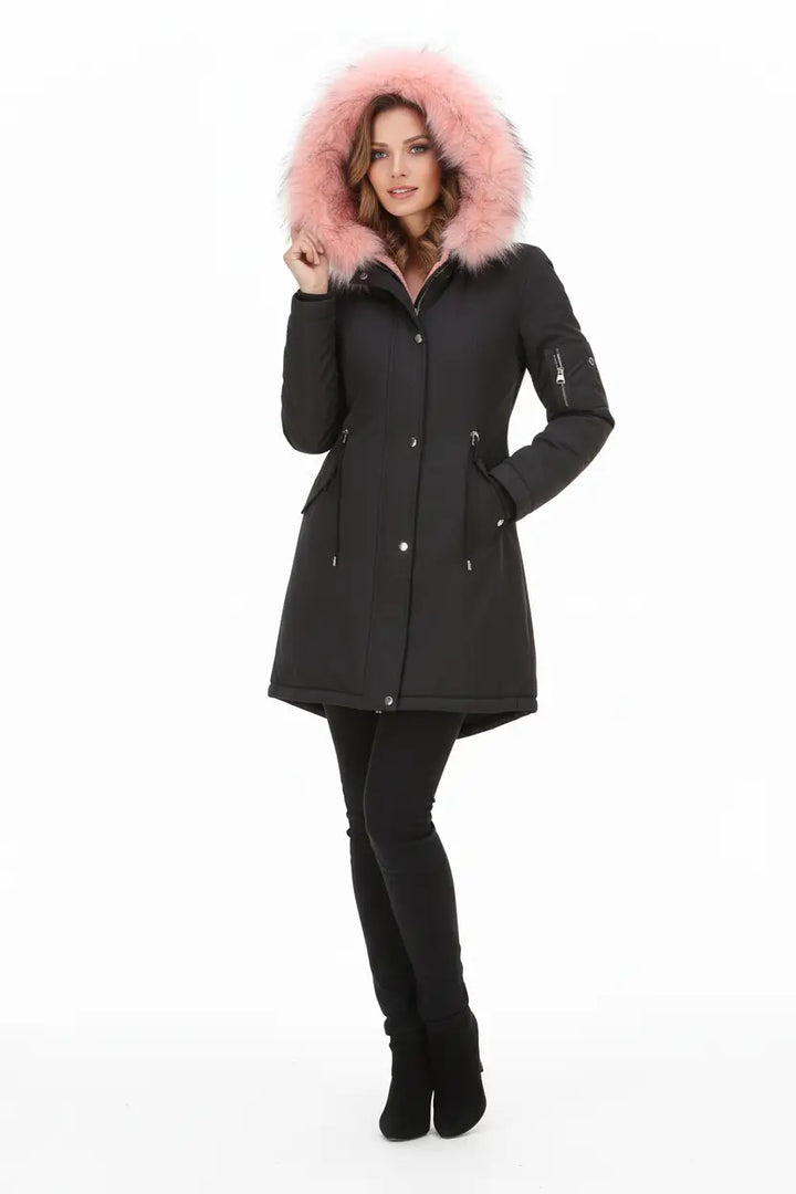 Women’s Cotton Padded Parka black mid length hooded silhouette urban winter styling context professional city commute