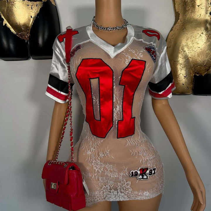 white lace embroidered dress styled for night out