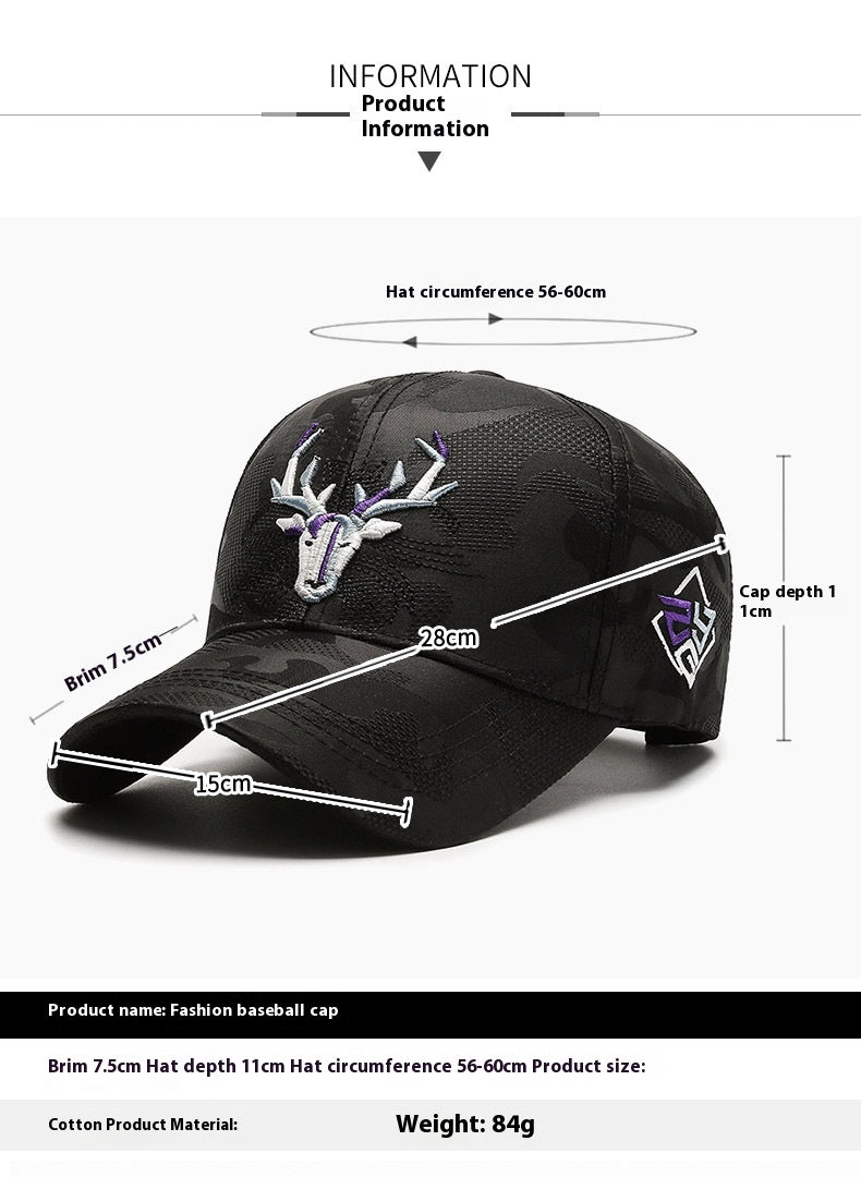 embroidered baseball cap with elk detail on white background