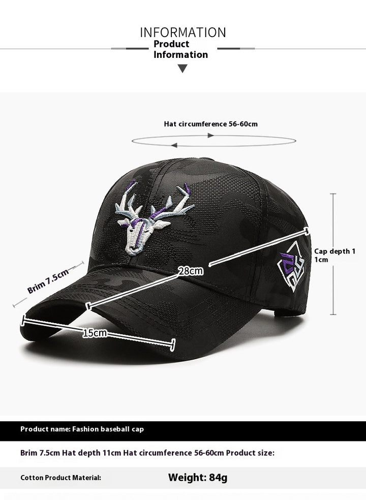 embroidered baseball cap with elk detail on white background