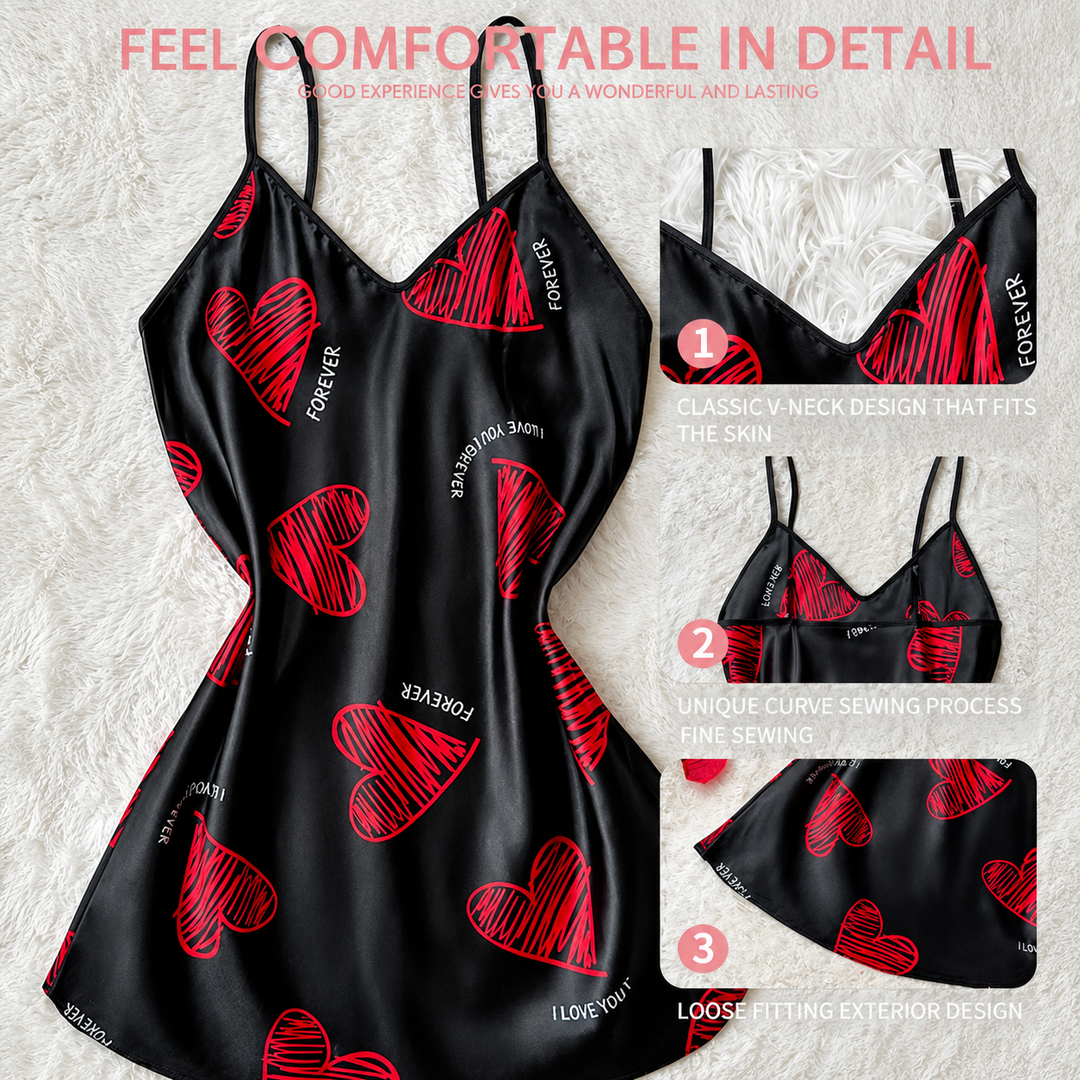 Red lip satin nightdress styled as a soft mini slip for relaxed evenings