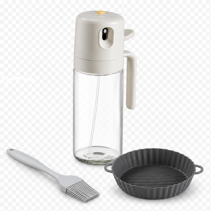 Reusable glass oil sprayer bottle with detachable nozzle and wide opening for easier cleaning after daily cooking and baking.