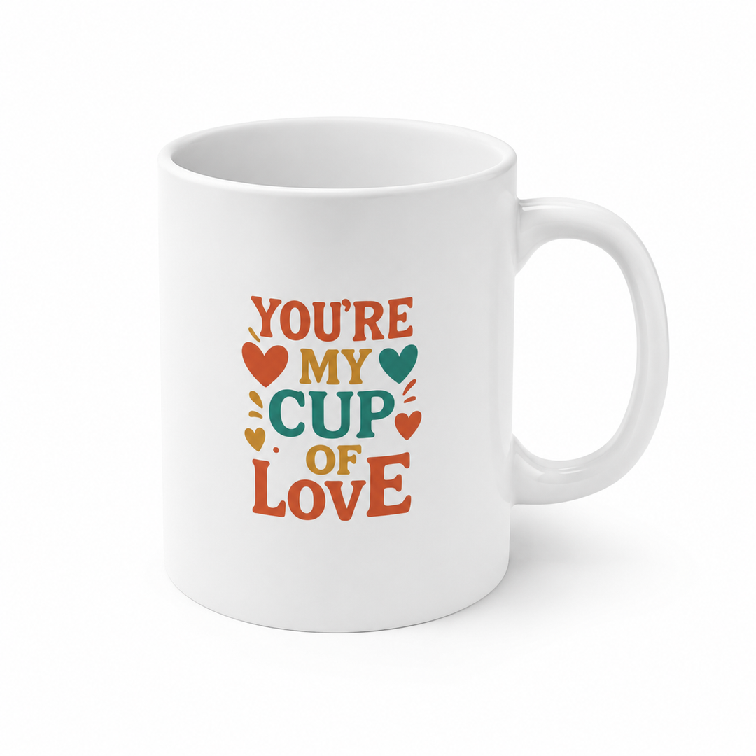 Romantic coffee mug with a heart shaped handle, glossy white ceramic body and bright artwork for Valentine&