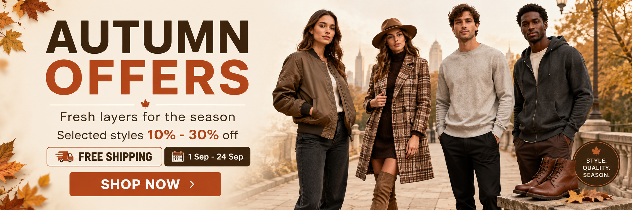 Autumn offers banner with layered seasonal outfits, jackets and boots, selected styles 10% to 30% off, free shipping Sep 1-24

