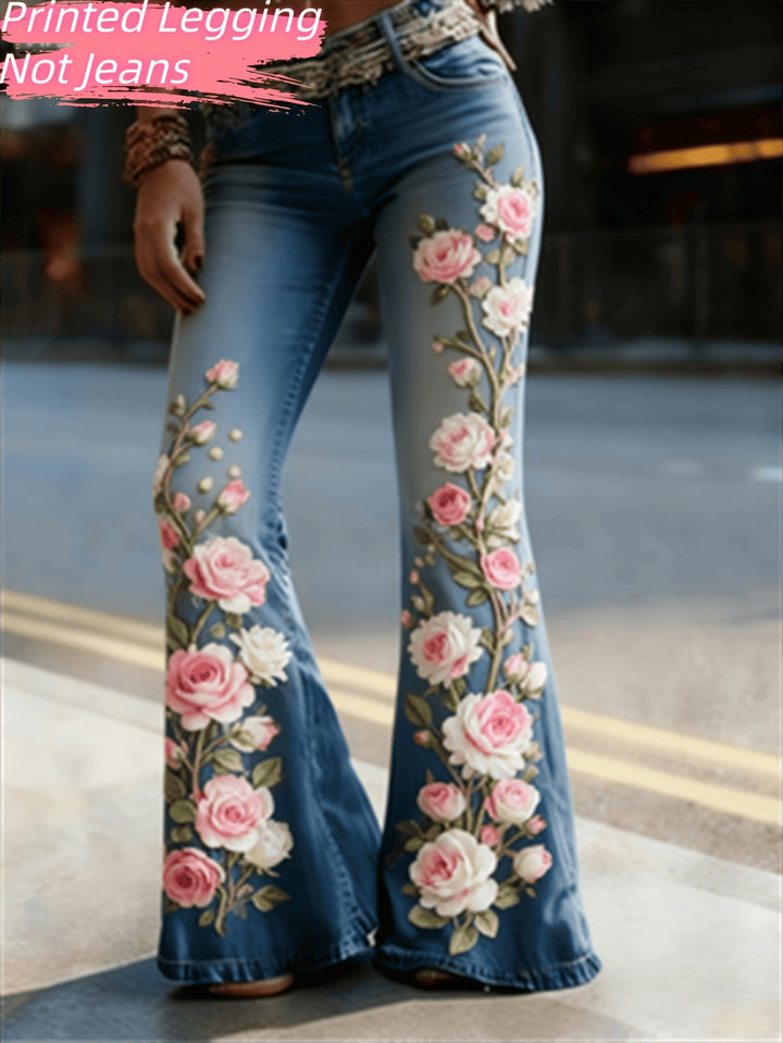 womens flared jeans geometric print flare leg in light blue wash, fashion-forward bell bottom jeans for women