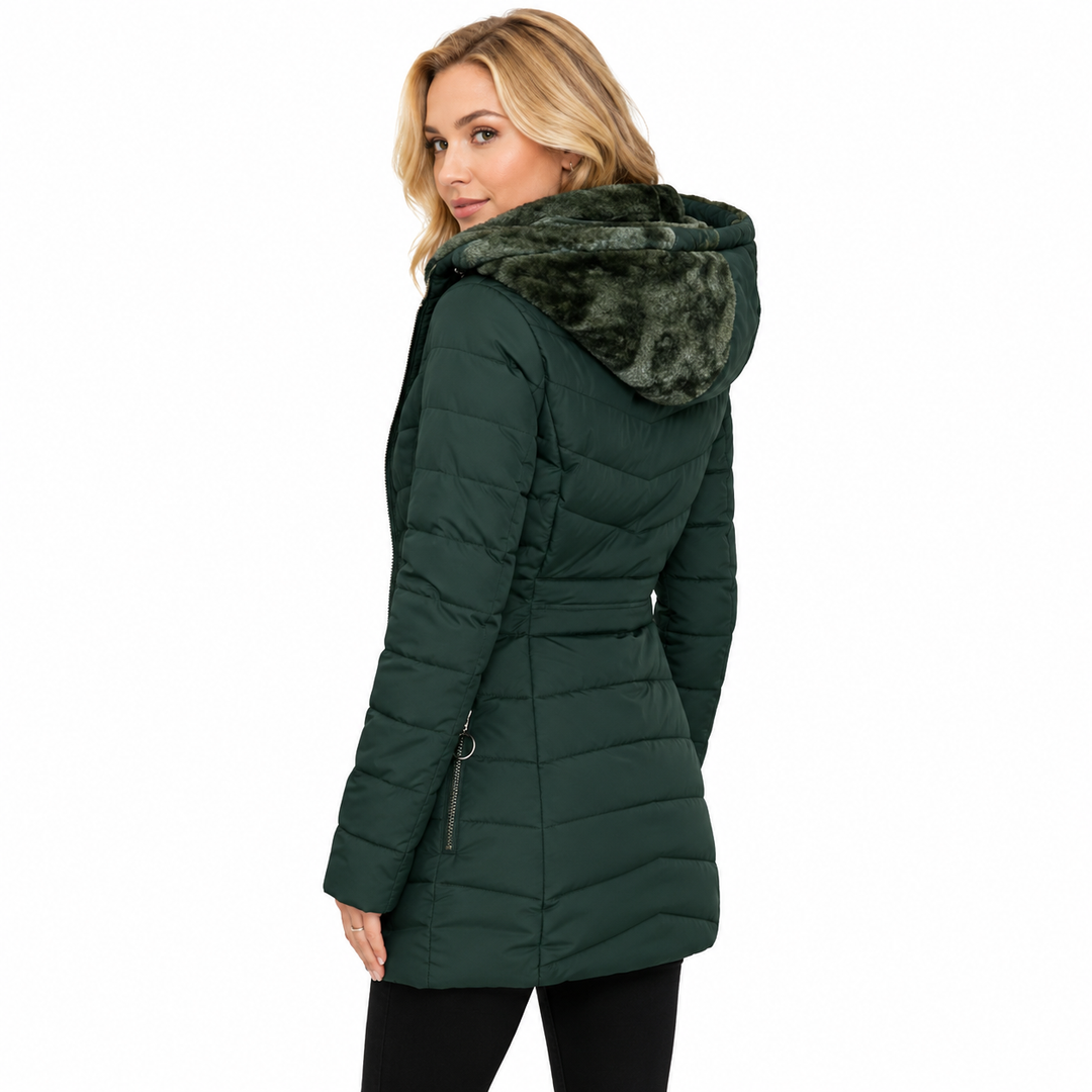 Warm polyester jacket women can layer over basics, denim or knitwear for commute, travel and everyday winter looks for winter