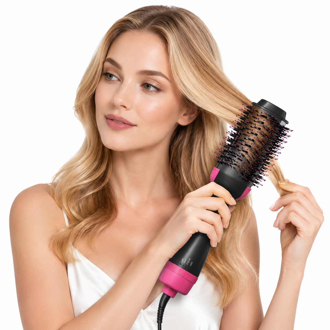 Blow dryer brush for women styled with sleek everyday beauty setup