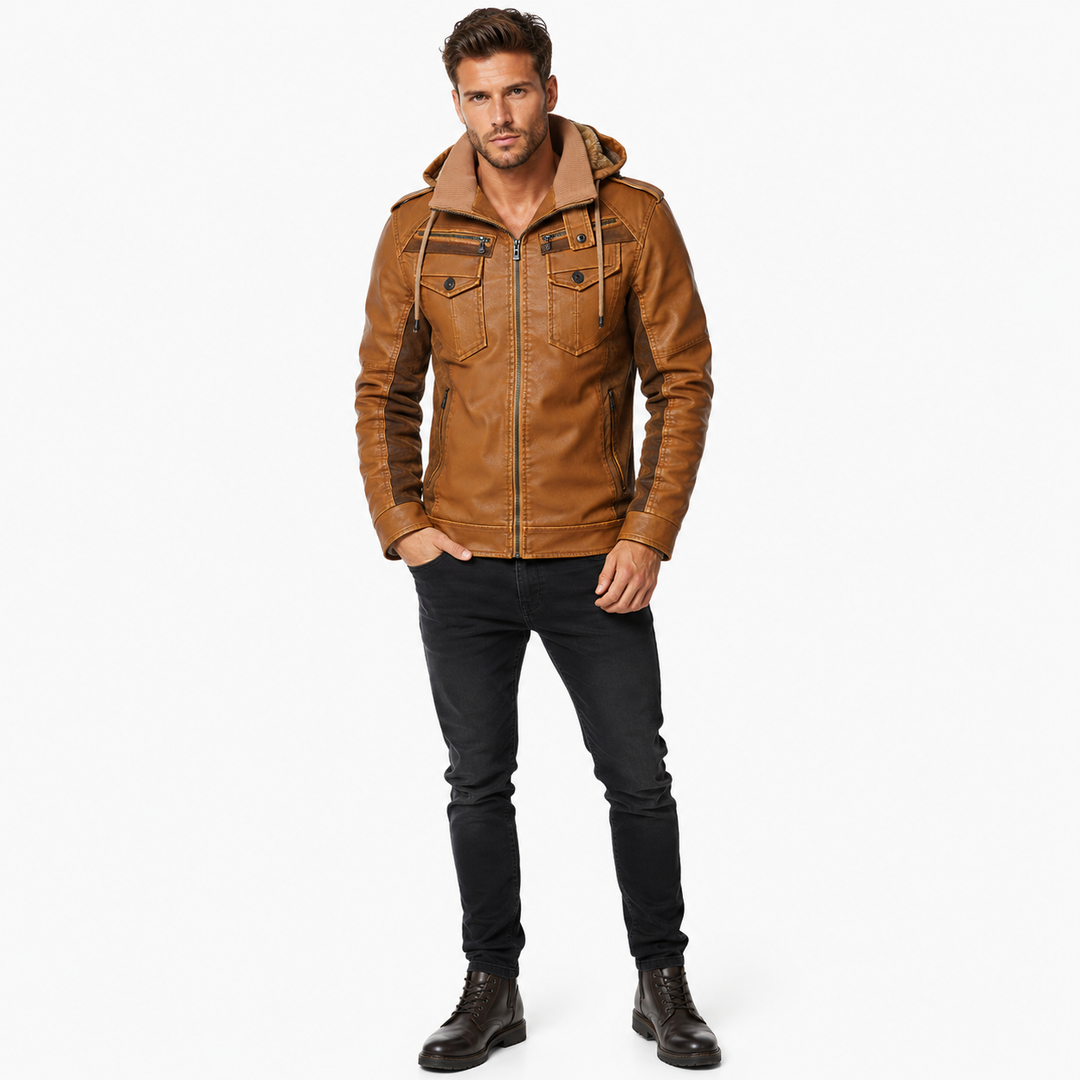 Casual black PU coat for men styled with jeans and boots