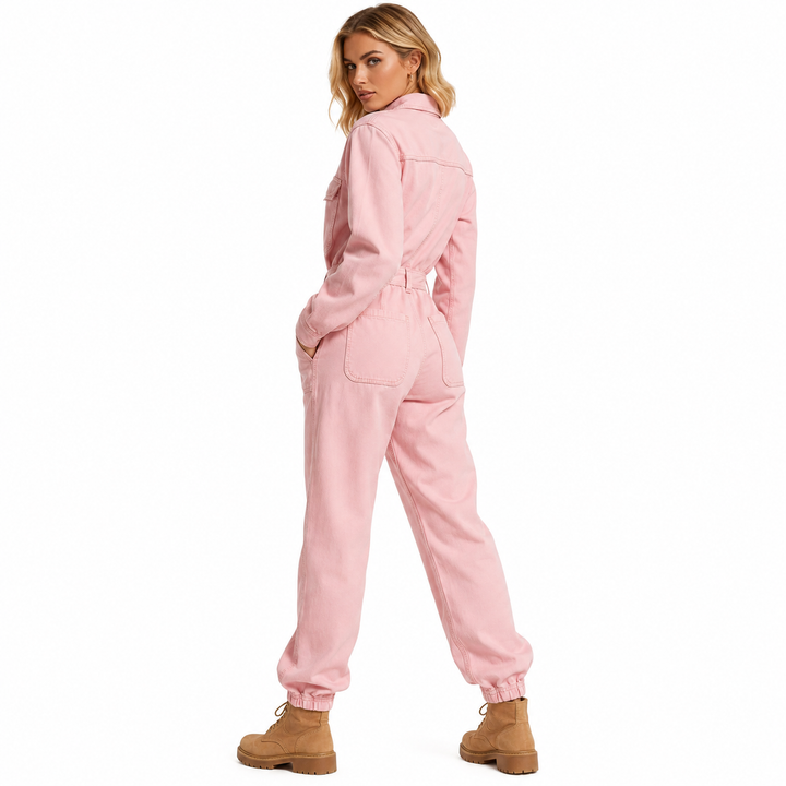 Pink full-length jumpsuit for women with a zip-up front, long sleeves and straight-leg styling for easy day-to-night styling.