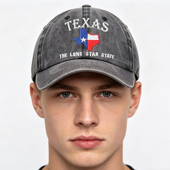 Side angle of Texas embroidered hat showing the adjustable back strap and relaxed dad cap shape.