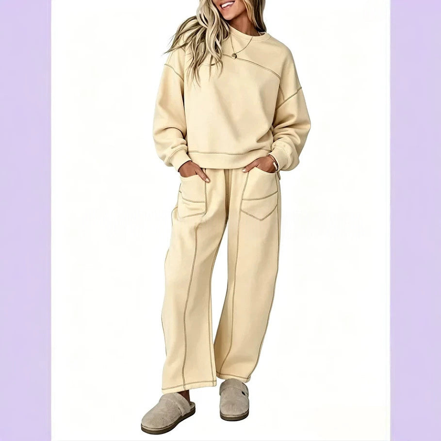 Original supplier model photo of the apricot sweatshirt and wide-leg trouser set