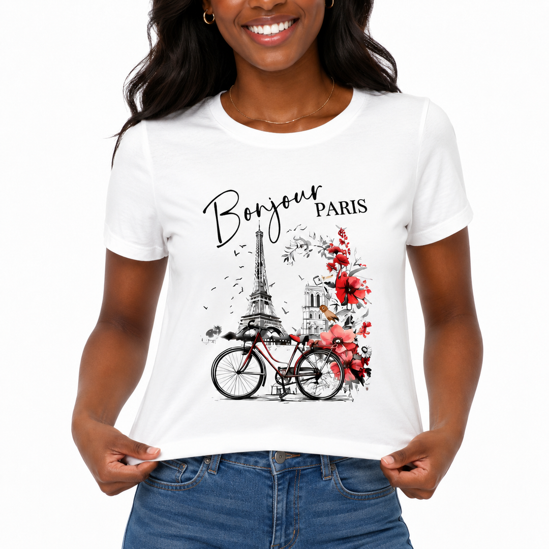 Bonjour Paris women t shirt with lightweight feel, relaxed everyday fit, and simple styling for weekend outfits and trips fit