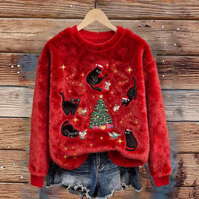 Christmas sweatshirt womens folded flat to show 3D pattern placement, soft flannel-touch fabric and smooth seams
