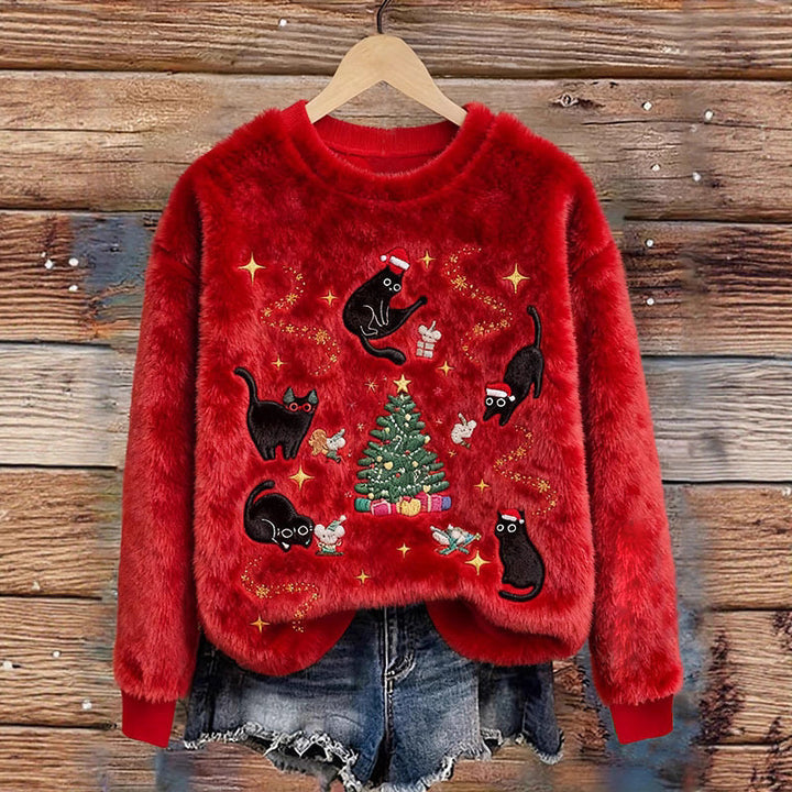 Christmas sweatshirt womens folded flat to show 3D pattern placement, soft flannel-touch fabric and smooth seams
