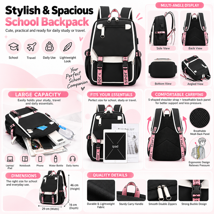 A pink and black school backpack shown in a feature infographic with multiple views, text callouts, and icons highlighting capacity, comfort, durability, and angles.