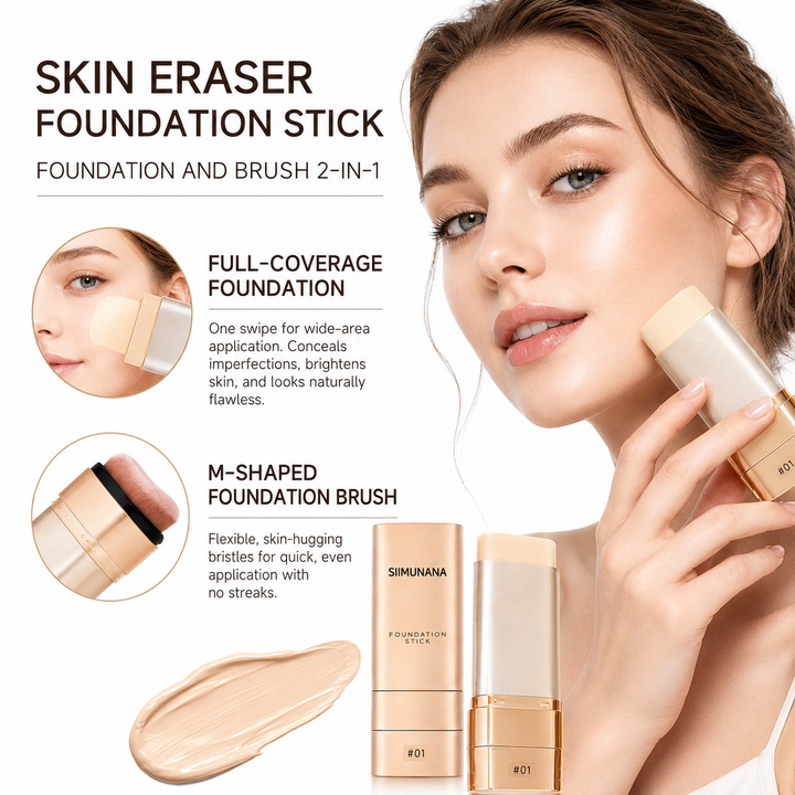Skin eraser foundation stick with brush for quick even makeup application